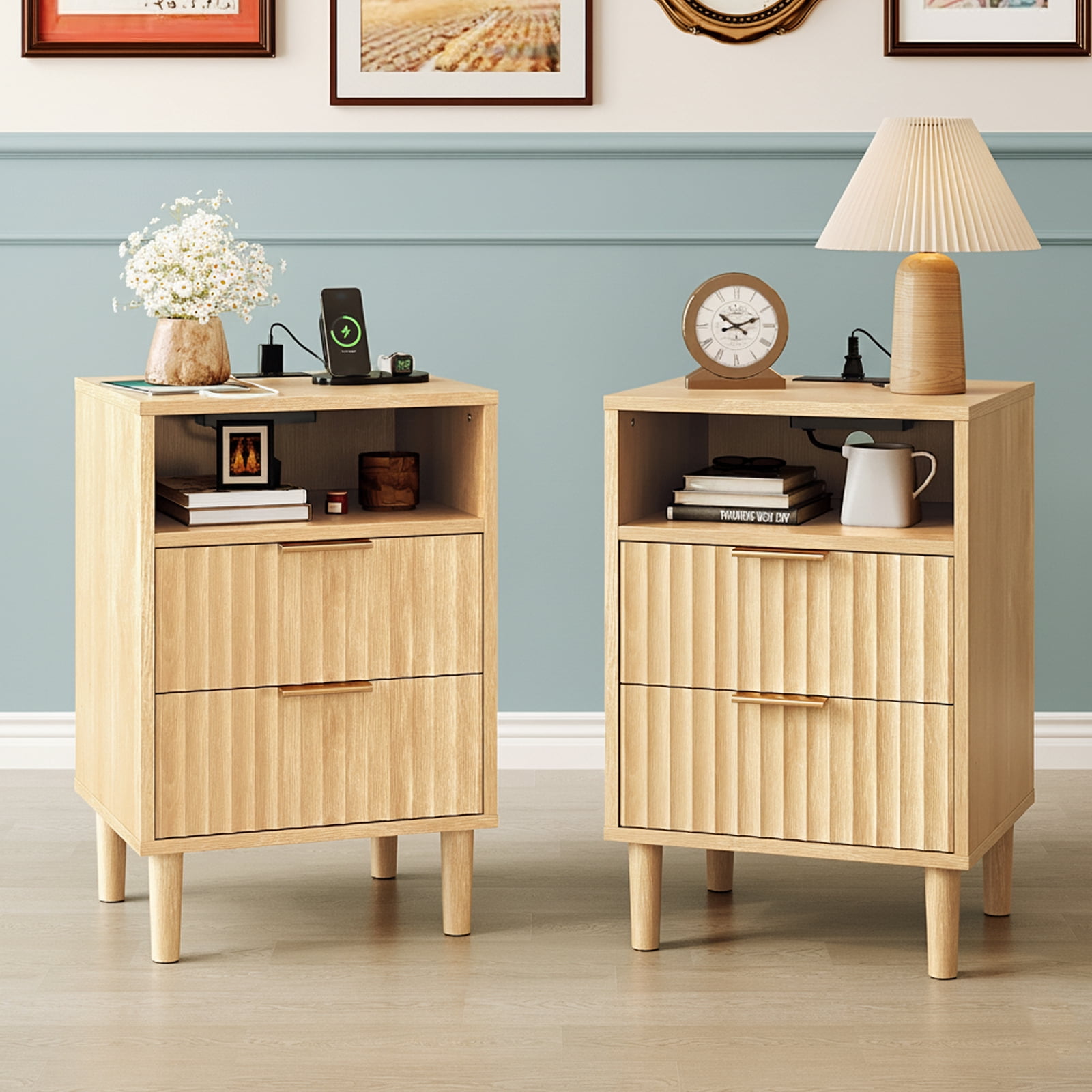 Ktaxon Nightstand with Charging Station, End Table Wooden Bedside Table Large Capacity Easy to Assemble, Wood