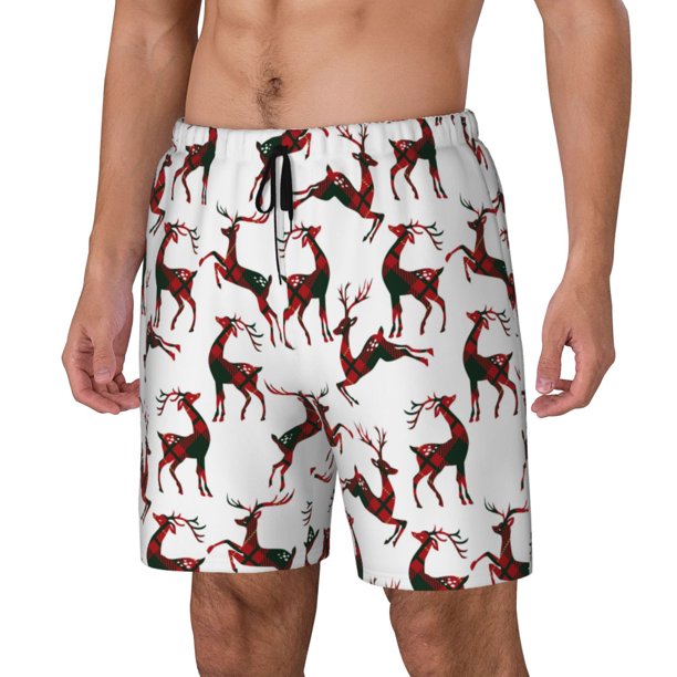 Fotbe Christmas Plaid Moose Traje de Baño para Hombre – Shorts de Natación de Secado Rápido con Forro y Bolsillos-Medium