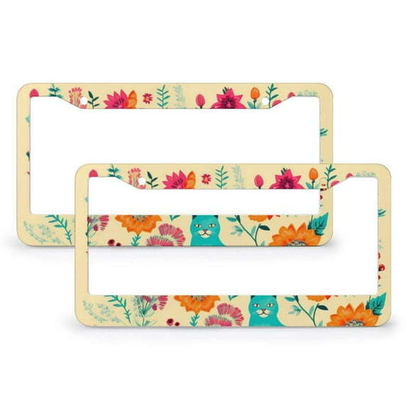 Pink Flower Pattern With Cats And Flowers License Plate Cover 2 Pack Valentine's Cat Lover Car Tags Frames Holder for Us Standard Vehicles 2 Round Holes Stainless Aluminum License Plate Frame