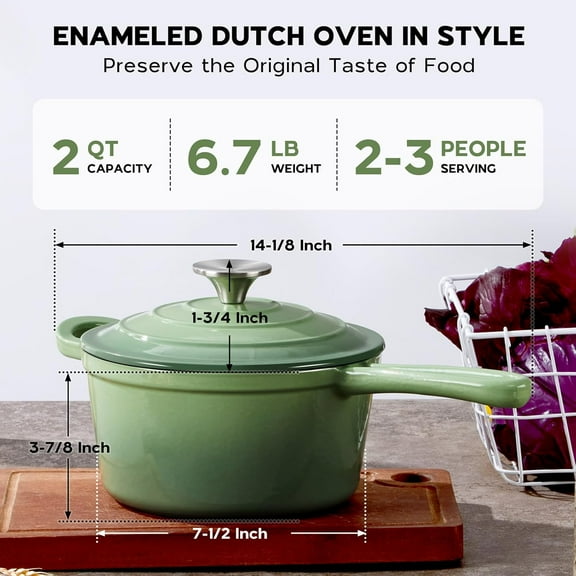 Cast Iron Sauce Pan Pot, 2QT Small Saucepan with Lid, Enameled Cast Iron Dutch Oven Cooking Kitchen Pot – Pistachio Green