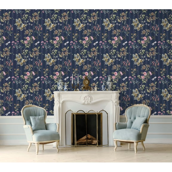Navy Multi Spring Meadow Floral Trail Print Non Woven Non-Pasted Textured Wallpaper 57 Sq. Ft.