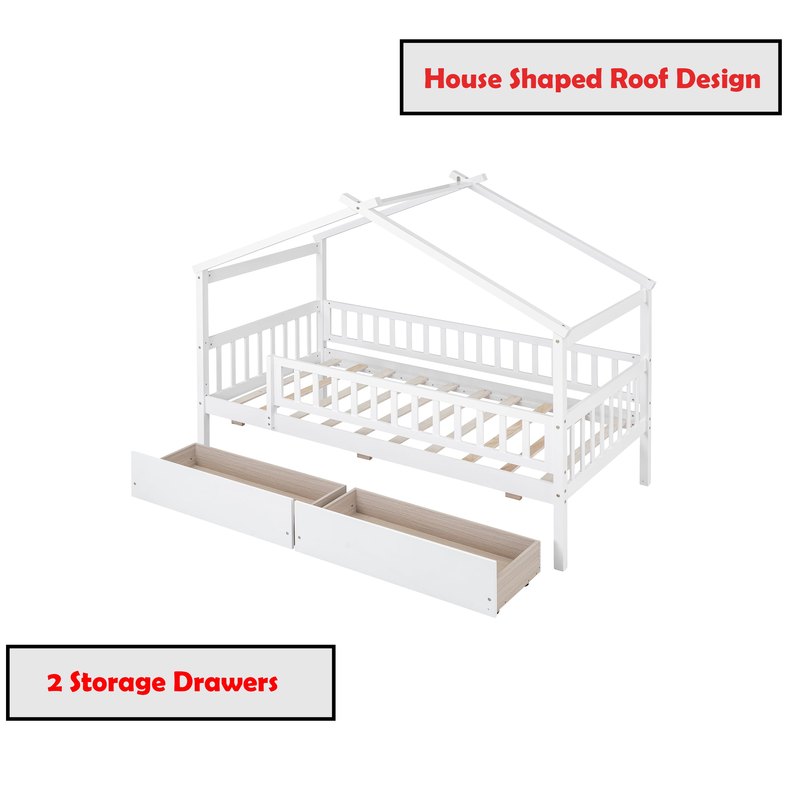 Bellemave Twin Size House Bed with Storage Drawers Playhouse Platform Bed Wooden House-shaped Bed Frame with Fence Guardrail (Twin size, White)
