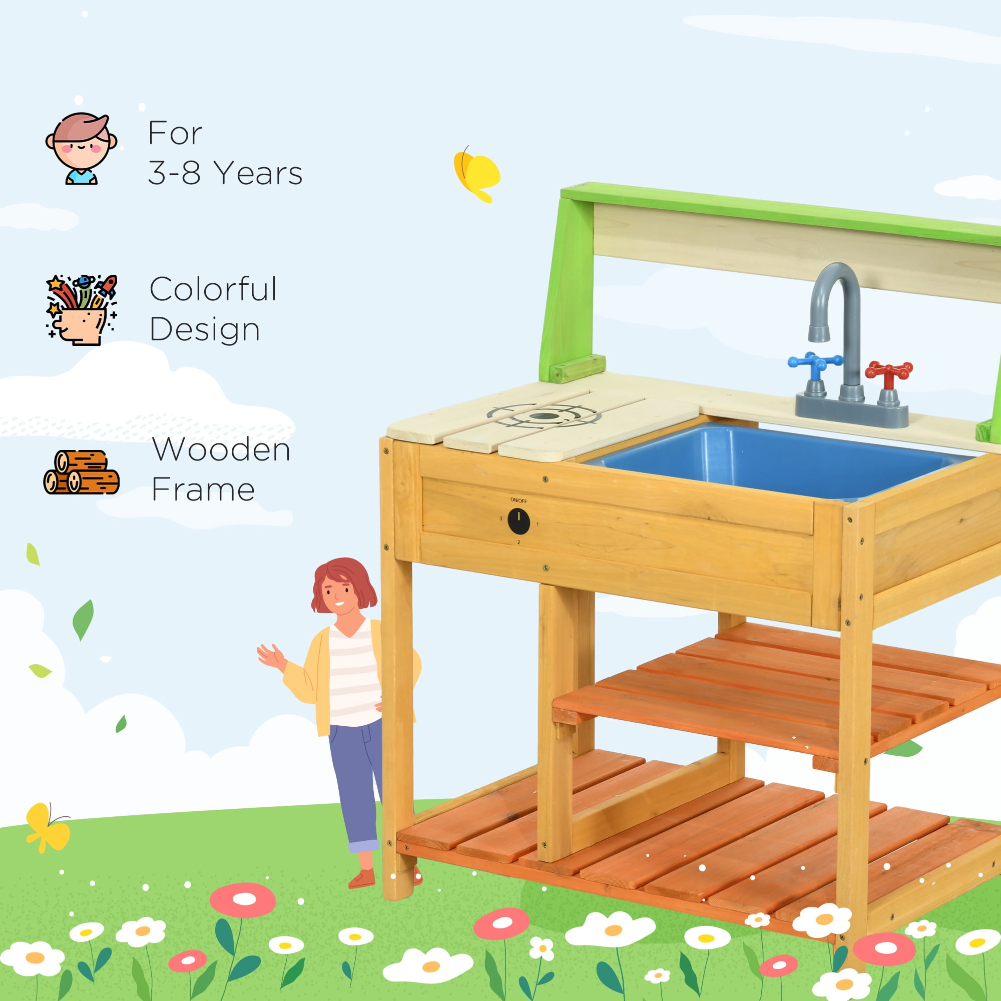 Mud Kitchen Outdoor Kitchen Playset for Kids Wooden with Realistic Play Kitchen Toys, Faucet & Sink, Storage Shelves, Gift for Boys Girls Aged 3-8 Years Old