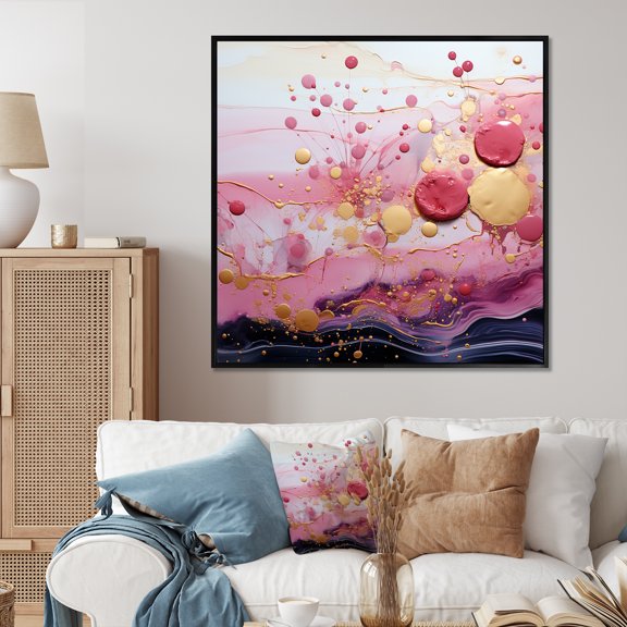 Designart "Modern Liquid Shapes in Gold and Pink IV" Abstract Framed Wall Art - Gold Abstract Modern Shapes Bedroom Framed Canvas Wall Art