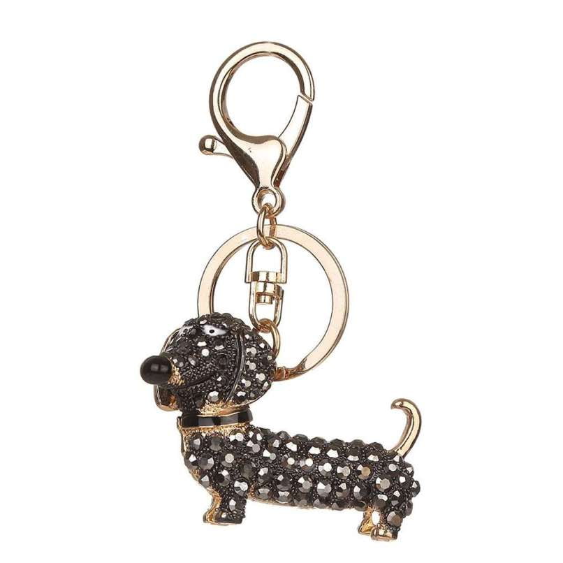 2pcs Metal Rhinestone Sausage Dog Keychain Cartoon Animal Dachshund Puppy  Key Ring Shoulder Bag Key Chain,black 