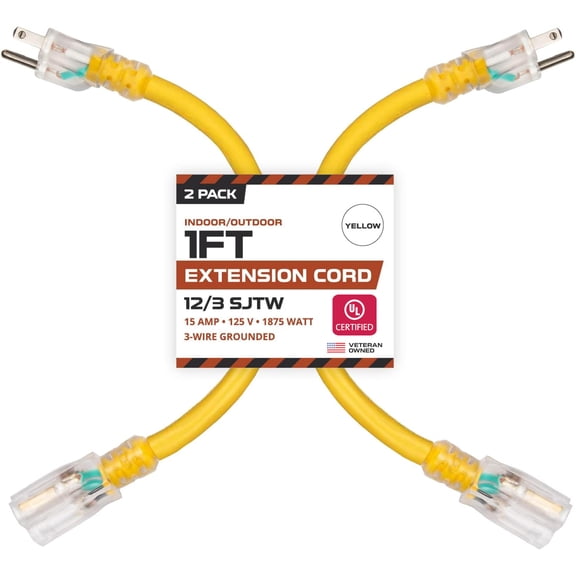Iron Forge Cable 1 Foot Lighted Outdoor Extension Cord - 12/3 SJTW Heavy Duty Yellow Extension Cable with 3 Prong 15 AMP Grounded Plug for Safety