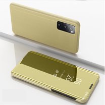 Dteck Case for Samsung Galaxy S20 FE (6.5 inches),Slim Flip Smart Shockproof Clear View Mirror Stand Case Hybrid Hard PC Protective S20 FE 5G Phone Cover,Gold