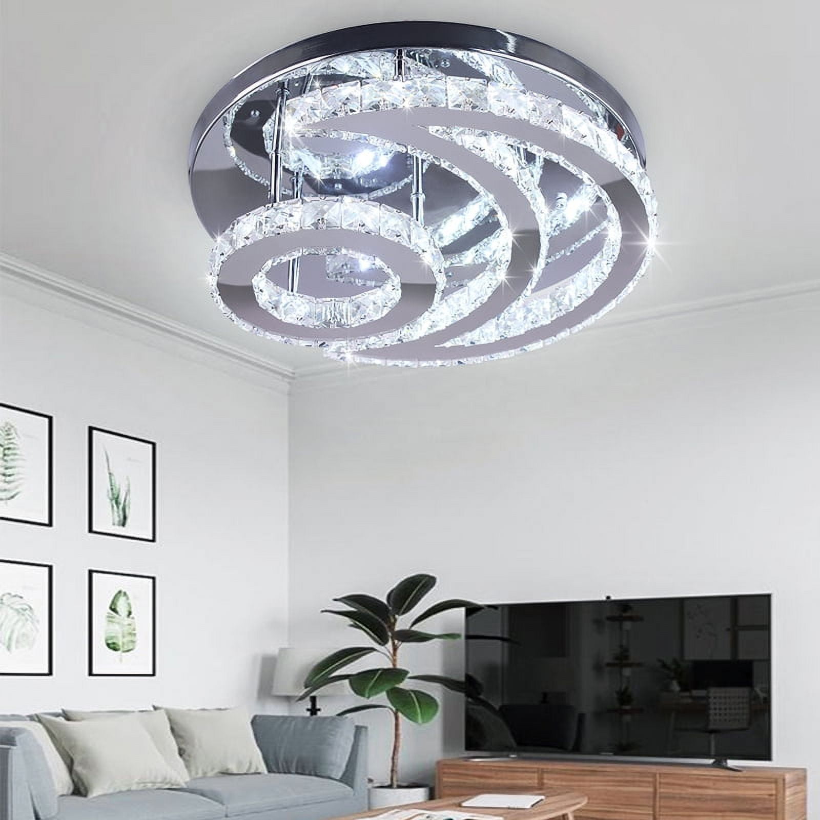 FRIXCHUR Modern Crystal Chandelier LED Moon Crystal Ceiling Light  Flush Mount Chandelies for Dining Room Bathroom Bedroom Living Room(Cool White)