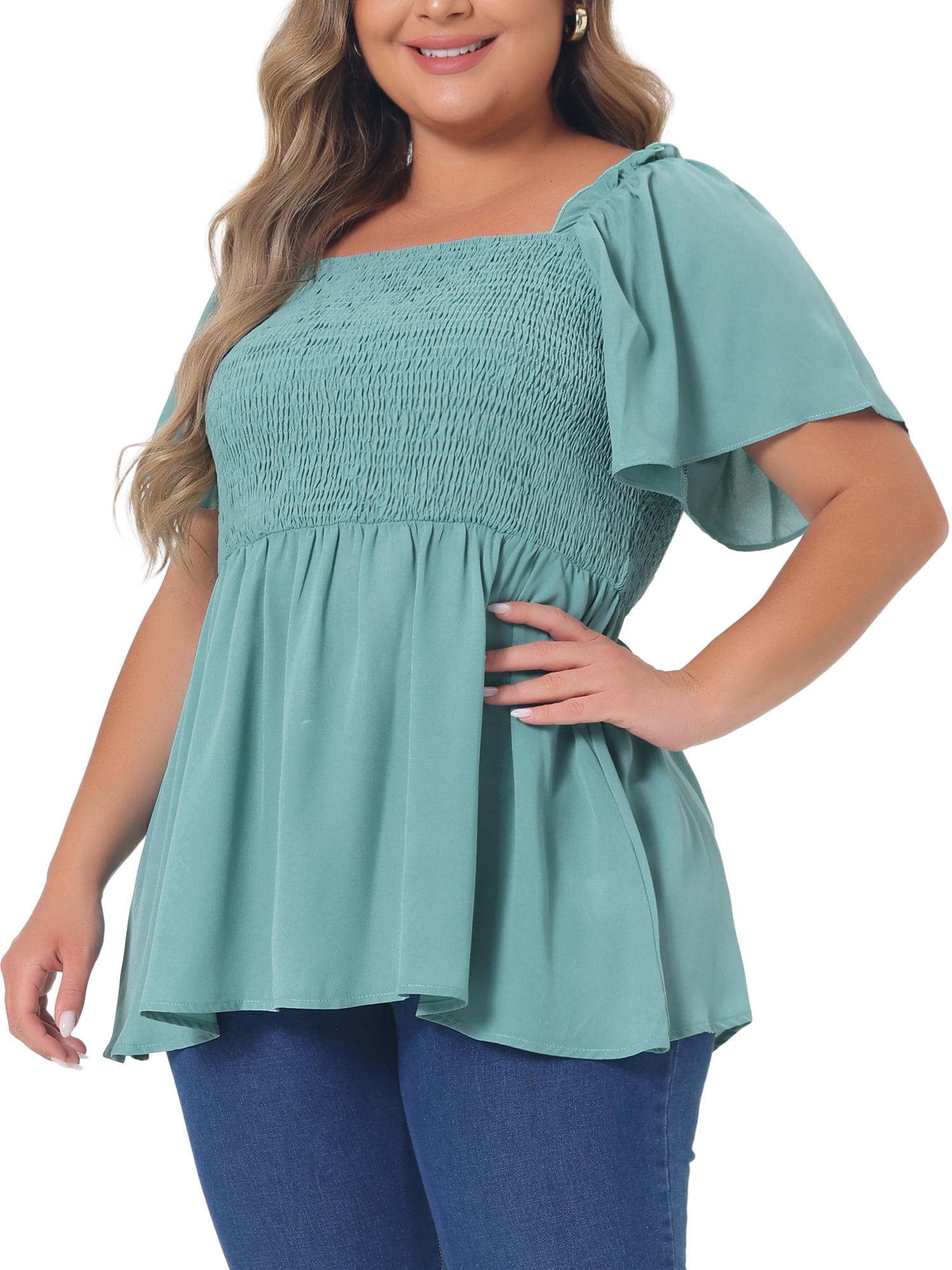 DARING DIVA Women's Plus Square Neck Ruffle Hem Blouse 4X Green