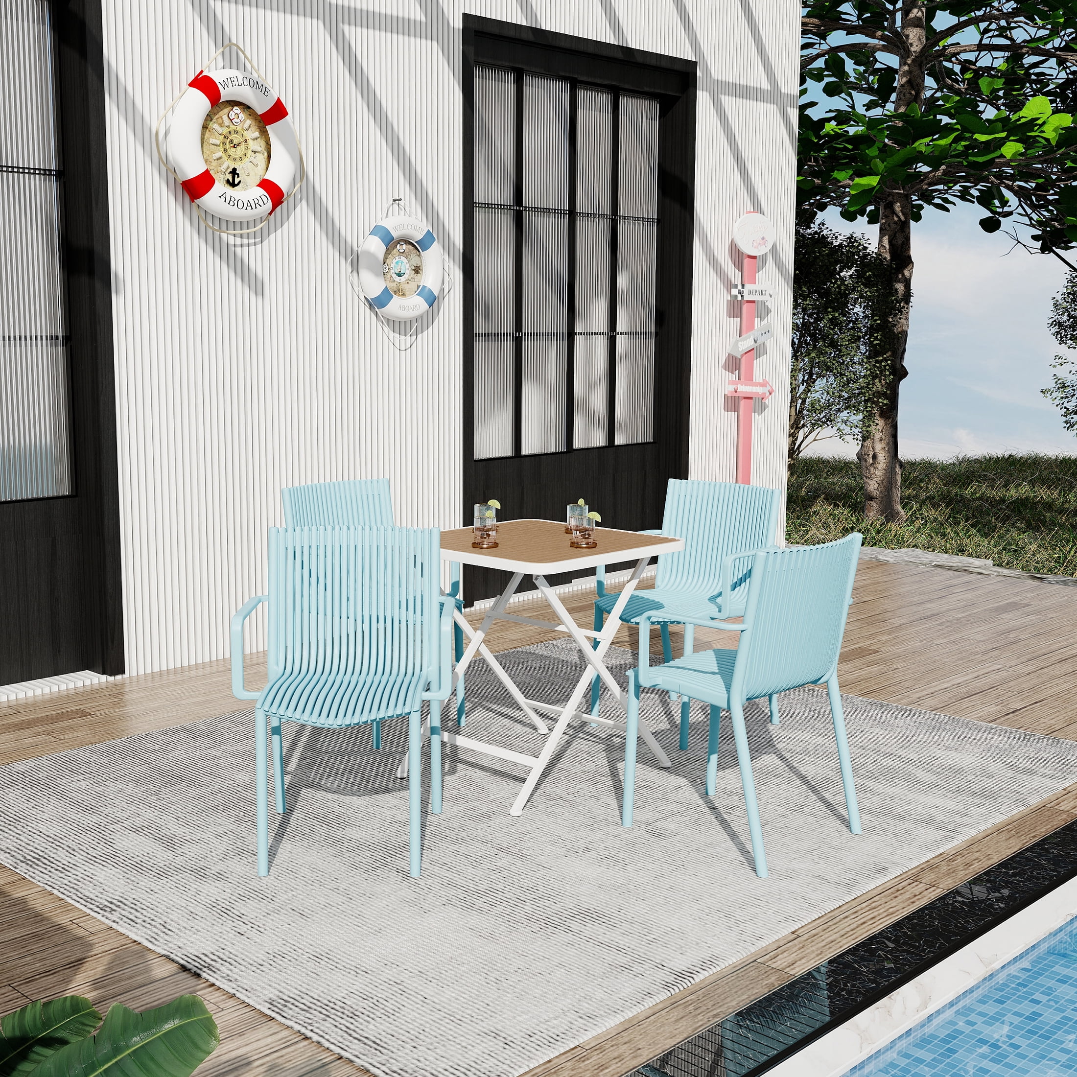 Plastic Armchair, 4 Pack Stackable Ergonomic Chair for Garden Patio Balcony Outdoor Use, Light Blue