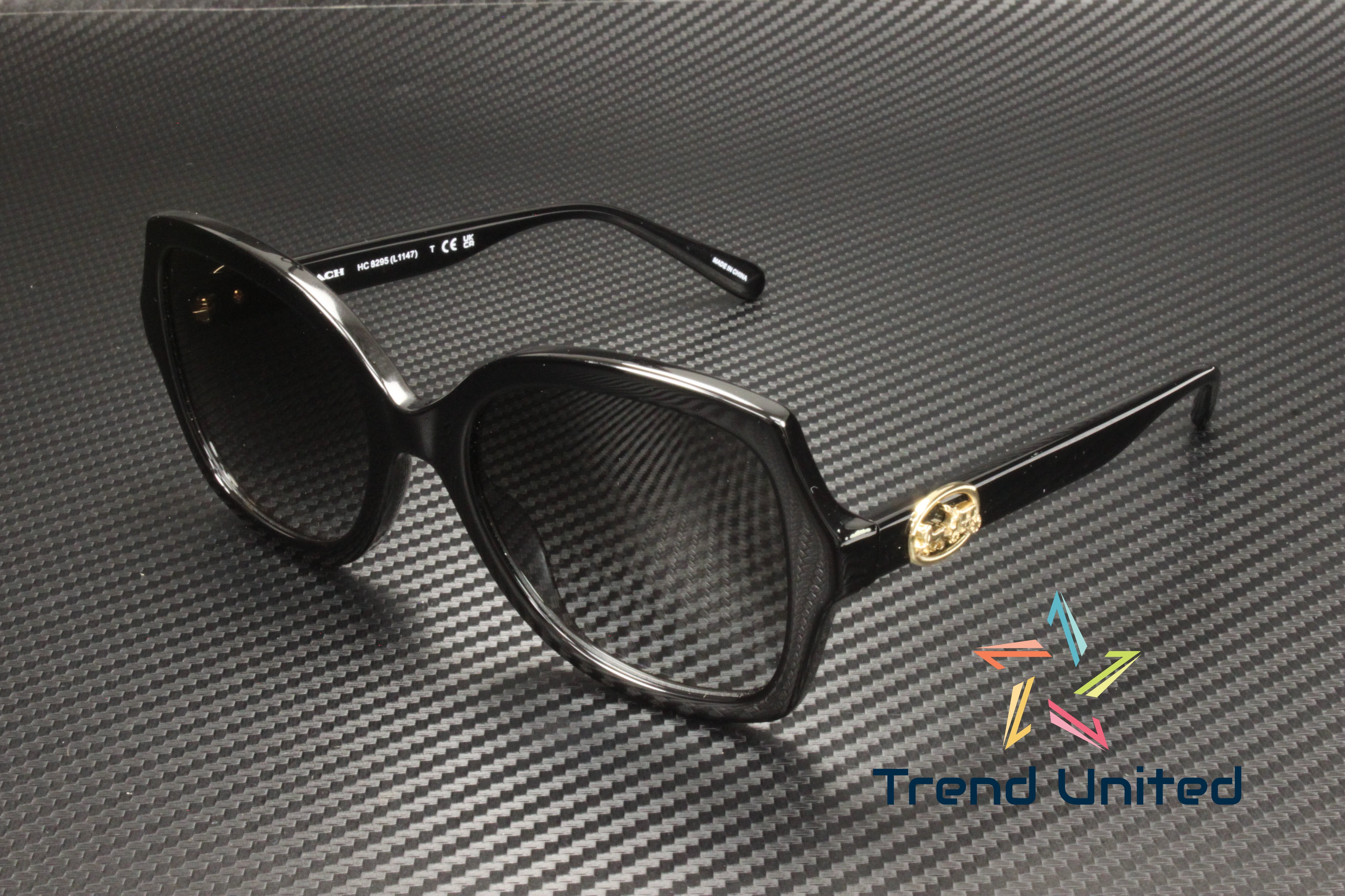 COACH Sunglasses BLACK w/ GOLD Logo Arms GRAY Gradient HC8323U 50028G w/ Case + COACH HC8323U 50028G Square Black Lt Grey Black Grad 56 mm  main image 2