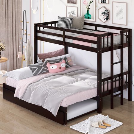 JINS&VICO Twin Over Twin Bunk Bed with Trundle  Wooden Bed Frame with Ladder and Guardrail  Down Bed Can be Stretched into 2 Twin Beds  Extendable Bunk Bed for Kids Teens Adults  Espresso