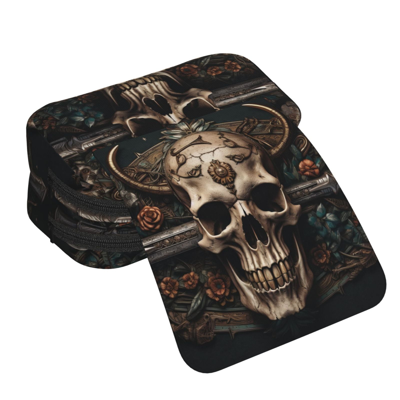 Rateoe Metal Style Horned Skull Pattern Double Clamshell Pen Case, Storage Organizer with Two Zipper Compartments– Holds Up to 50 Pencils & Pens