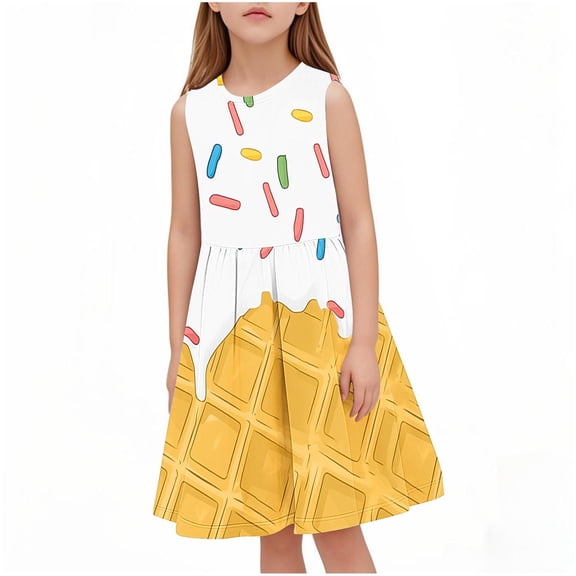 ShomPort Girls Casual Dresses Cartoon Printed Scoop Neck A-Line Sleeveless Ruched Dresses Lightweight Summer Soft Dailywear