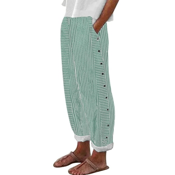Women's Linen Pants Women'S Cotton And Linen Striped Elastic Waistband High Waistband Pocket Pants Side Buttons Nine Point Pants Loose Casual Pants H Shaped Straight Leg Pants, Women's Casual Pants XS