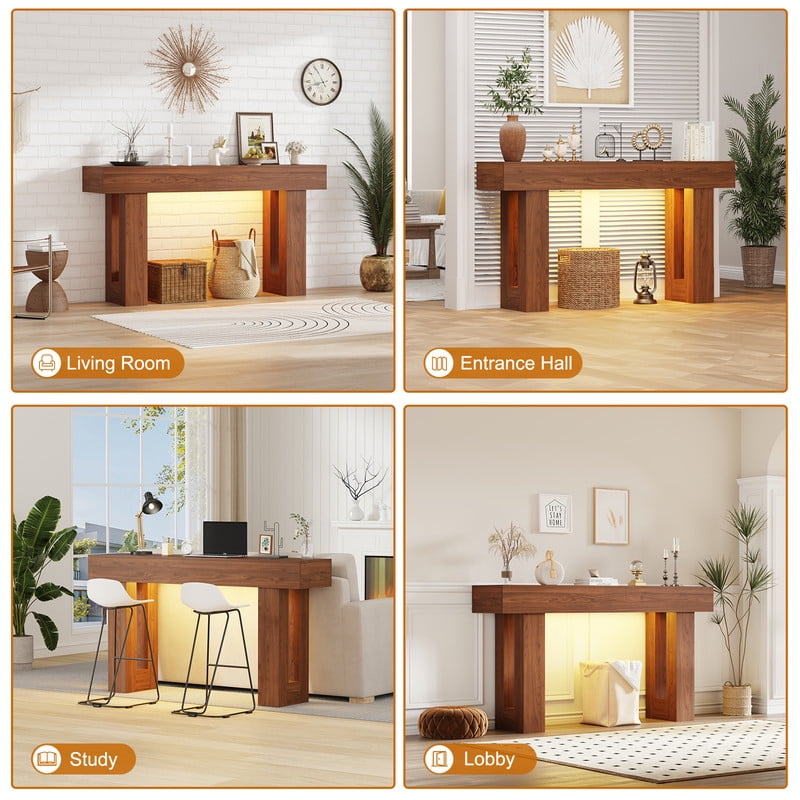 63-Inch Long Console Table with Sensor Light, Farmhouse Entryway Table, Wooden Rectangular Sofa Table Behind Couch for Entrance, Hallway, Living Room