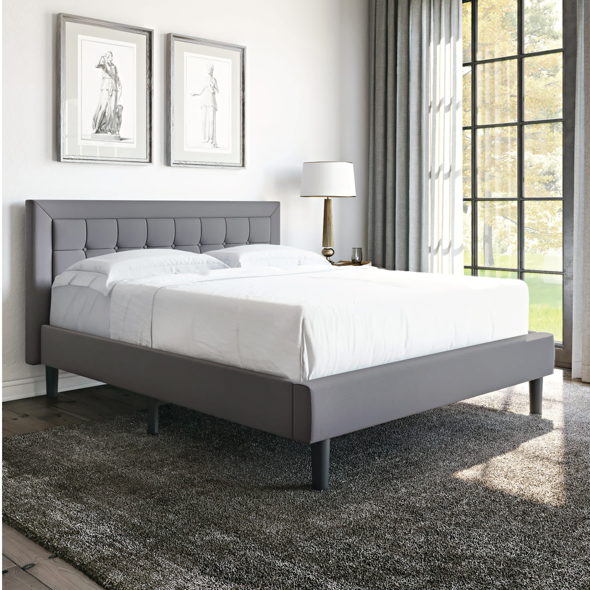 Modern Sleep Mornington Upholstered, King Size Upholstered Bed Frame With Wood Slats Platform Headboard Charcoal