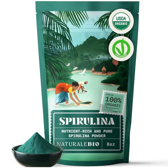 NaturaleBio Organic Spirulina Powder 8 oz | Pure Seaweed Superfood | Herbal Supplement from Tamil Nadu, India