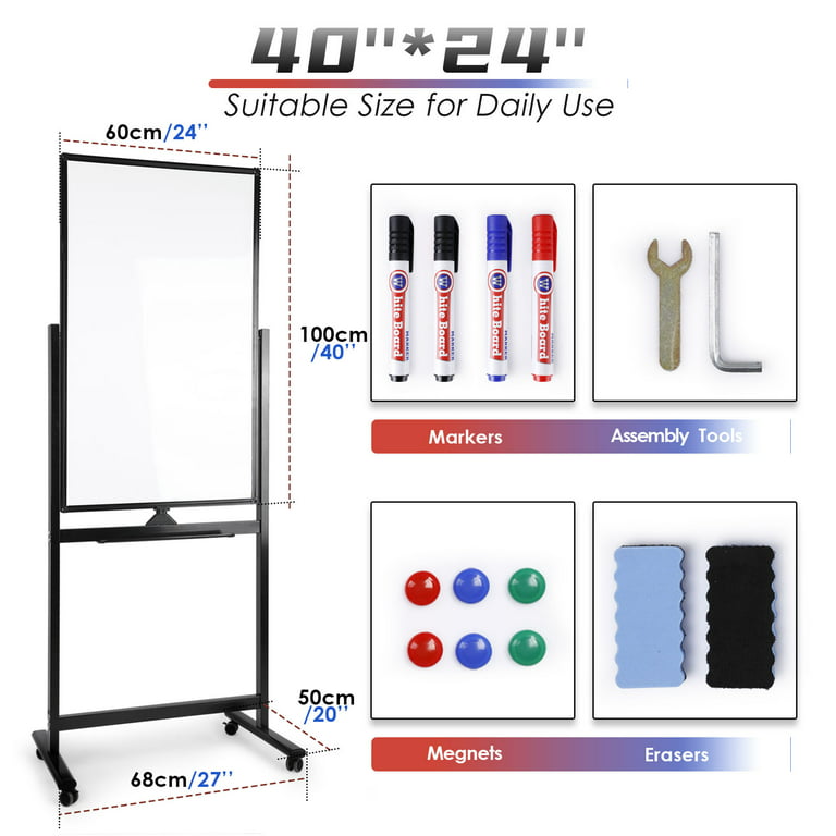 Mobile Whiteboard, 40 x 24 inch Magnetic Rolling White Board with Stand,  360° Reversible Double Sided Writing Dry Erase Board on Wheels Easel  Standing