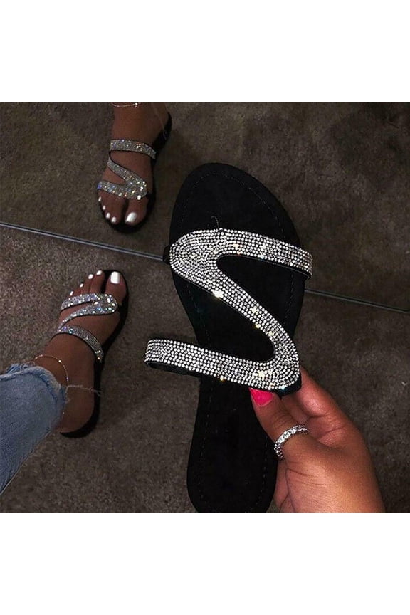 Flat Sandals for Women Slide Open Toe Beach Sandals Slide Travel Rhinestone Casual Shoes