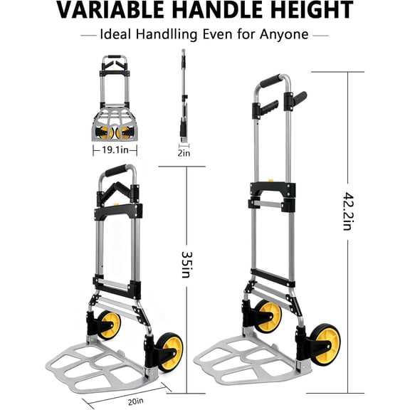 Folding Hand Truck Dolly Cart with Wheels 330 LBS Capacity Lightweight Aluminum Luggage Cart Trolly Collapsible Hand Trucks for Moving Travel Shopping Office and Home Use