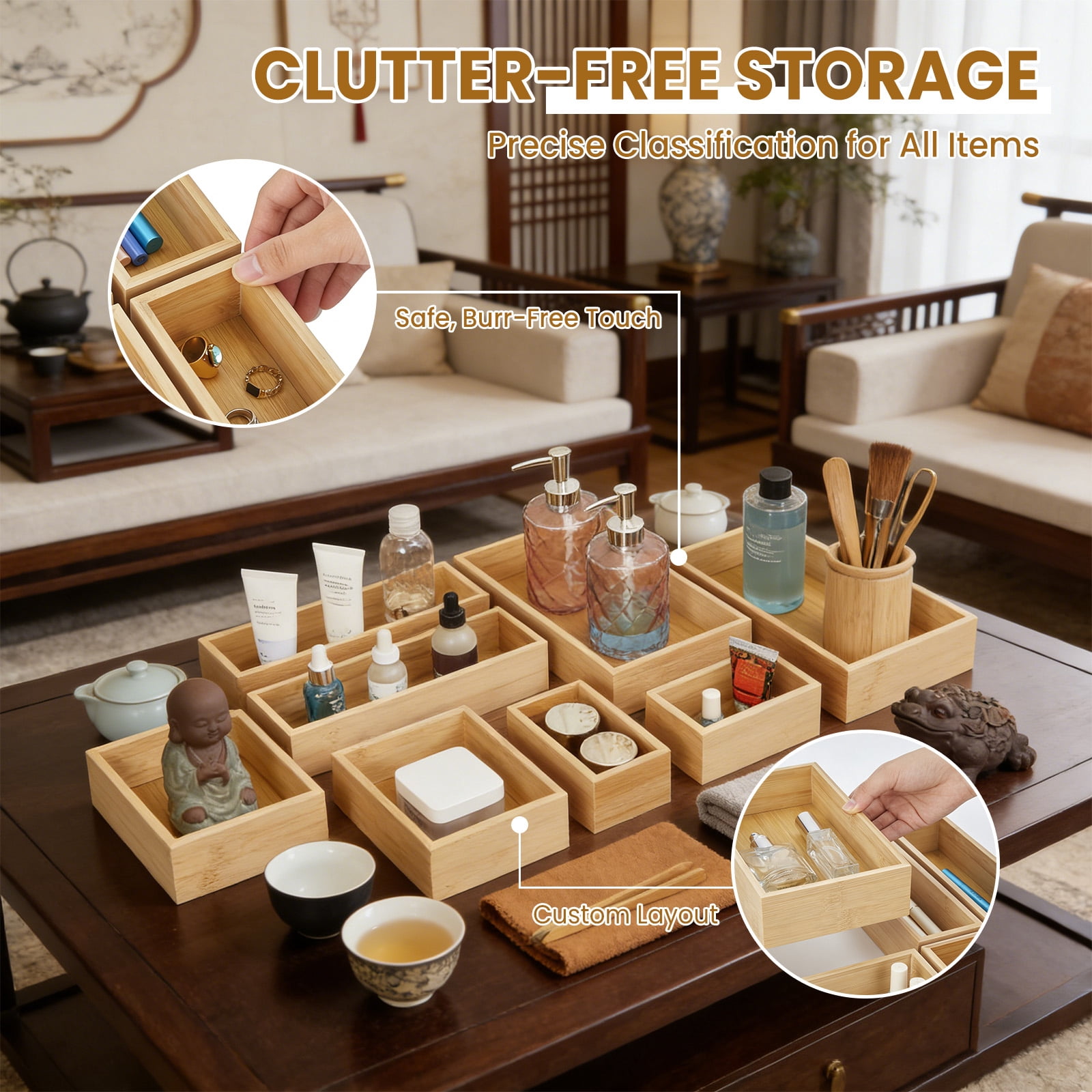8-Piece Bamboo Drawer Organizer Set, 15x18 inch Wooden Storage Trays for Kitchen, Office & Vanity, Stackable & Expandable Drawer Dividers for Utensils, Jewelry, Makeup & Accessories