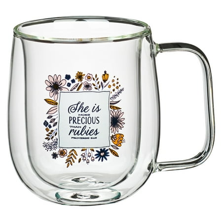 

Christian Art Gifts Double Wall Insulated Clear Glass Coffee and Tea Mug for Women: She is More Precious - Proverbs 3:15 Inspirational Bible Verse Hot and Cold Beverage with Handle Floral 10 oz.