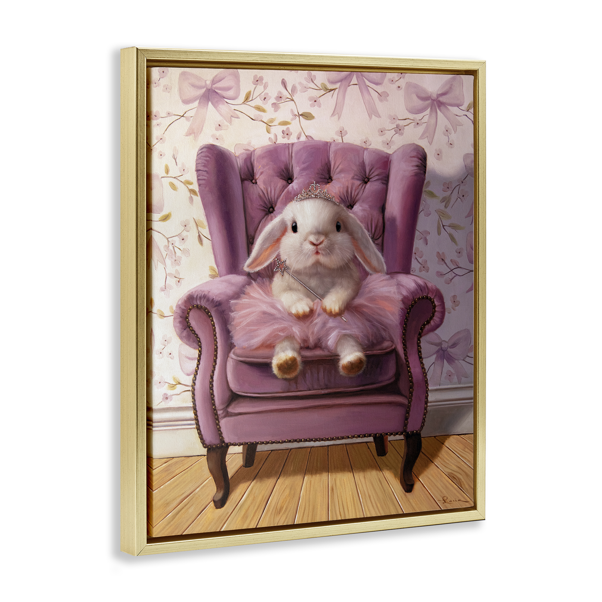 Pink Princess Tutu Bunny Gold Framed Floater Canvas Wall Art, design by Lucia Heffernan