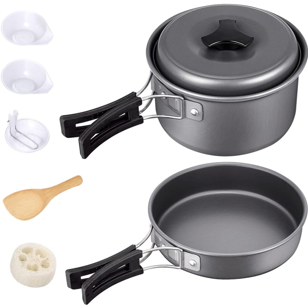Eotvia 9pcs Camping Cookware Set, Aluminum Camping Cookware Kit With Non-stick Pan Pot, Folding Camping Cooking Set With Spoons Bowls Loofah Storage Bag For Camping Backpacking Outdoor Cooking Picnic