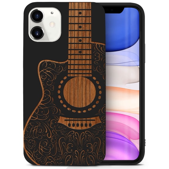 Case Yard Wooden Case for iPhone-12-Mini Soft TPU Silicone cover Slim Fit Shockproof Wood Protective Phone Cover for Girls Boys Men and Women Supports Wireless Charging Electro Guitar Design