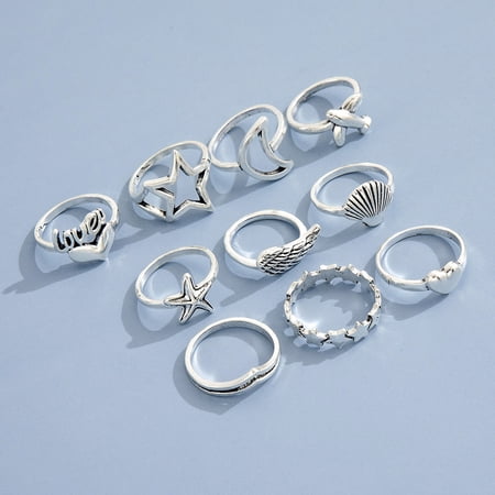 Personalized Retro Love Star, Moon, Plane, Starfish, and Shell Ring Set - Women's Alloy Rings