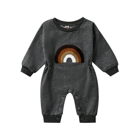 

Canrulo Infant Baby Girls Boys Fall Clothes Romper Long Sleeve Rainbow Casual Jumpsuit Bodysuit Outfits Gray 18-24 Months