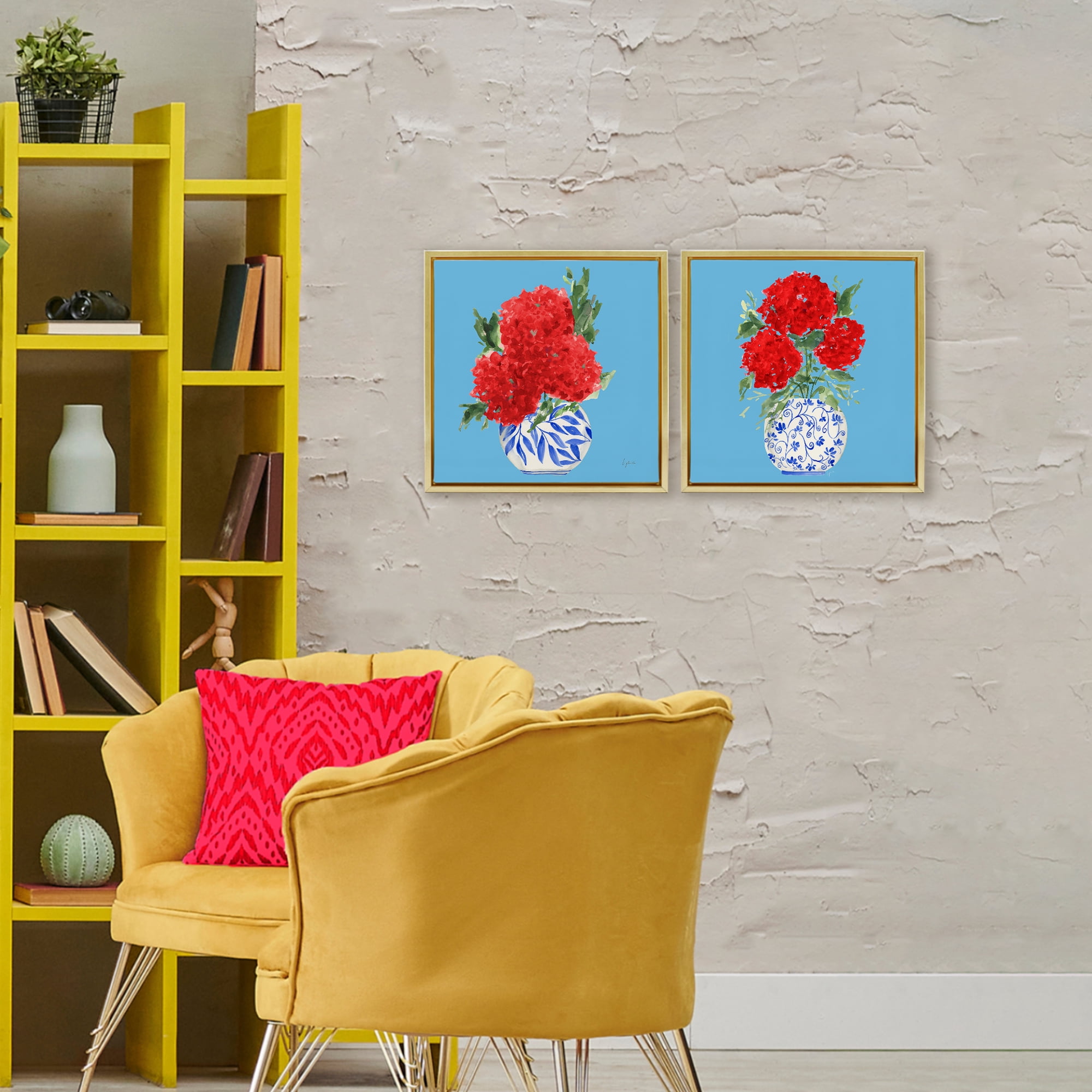 Stupell Industries Bright Red & Blue Hydrangeas 2 Piece Gold Framed Floater Canvas Set, design by Lucille Price