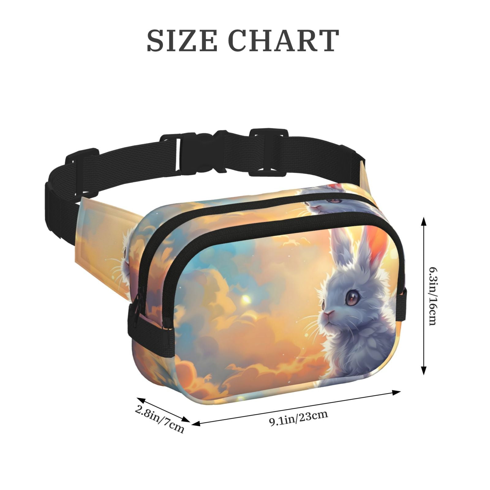 Picia Sunshine Colorful Cloud Rabbit Print Square Double-Layer Waist Bag Mini Adjustable Waist Belt Bag Exercise Running Travel Hiking
