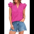 thumbnail image 2 of Blusas de Verano con Ojales para Mujer, Elegantes, Informales, con Cuello en V, Volantes, Mangas , de Algodón, Estilo Bohemio, con Encaje Bordado. Rosa Roja L, 2 of 7