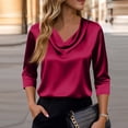 thumbnail image 6 of Dressy Tops for Women 3/4 Length Sleeve Silk Satin Blouses Business Work T Shirts Loose Fit Cowl Neck Spring Summer Outfits 2026 #03Purple 2XL, 6 of 6