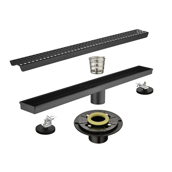 JERFIT 24" Matte Black Linear Shower Drain with Removable Grate, 304 Stainless Steel Channel Drain with Hair Catcher & Leveling Feet