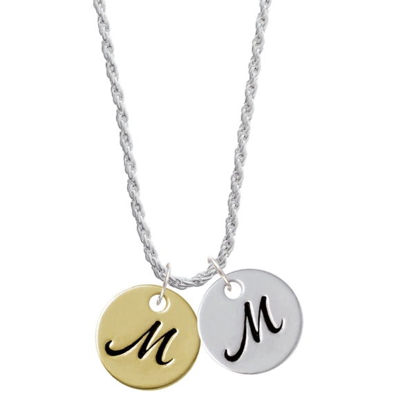 Delight Jewelry Goldtone Large Disc Letter - M - 3/4'' Silvertone Script Initial Disc - M - Charm Necklace, 20"+3"