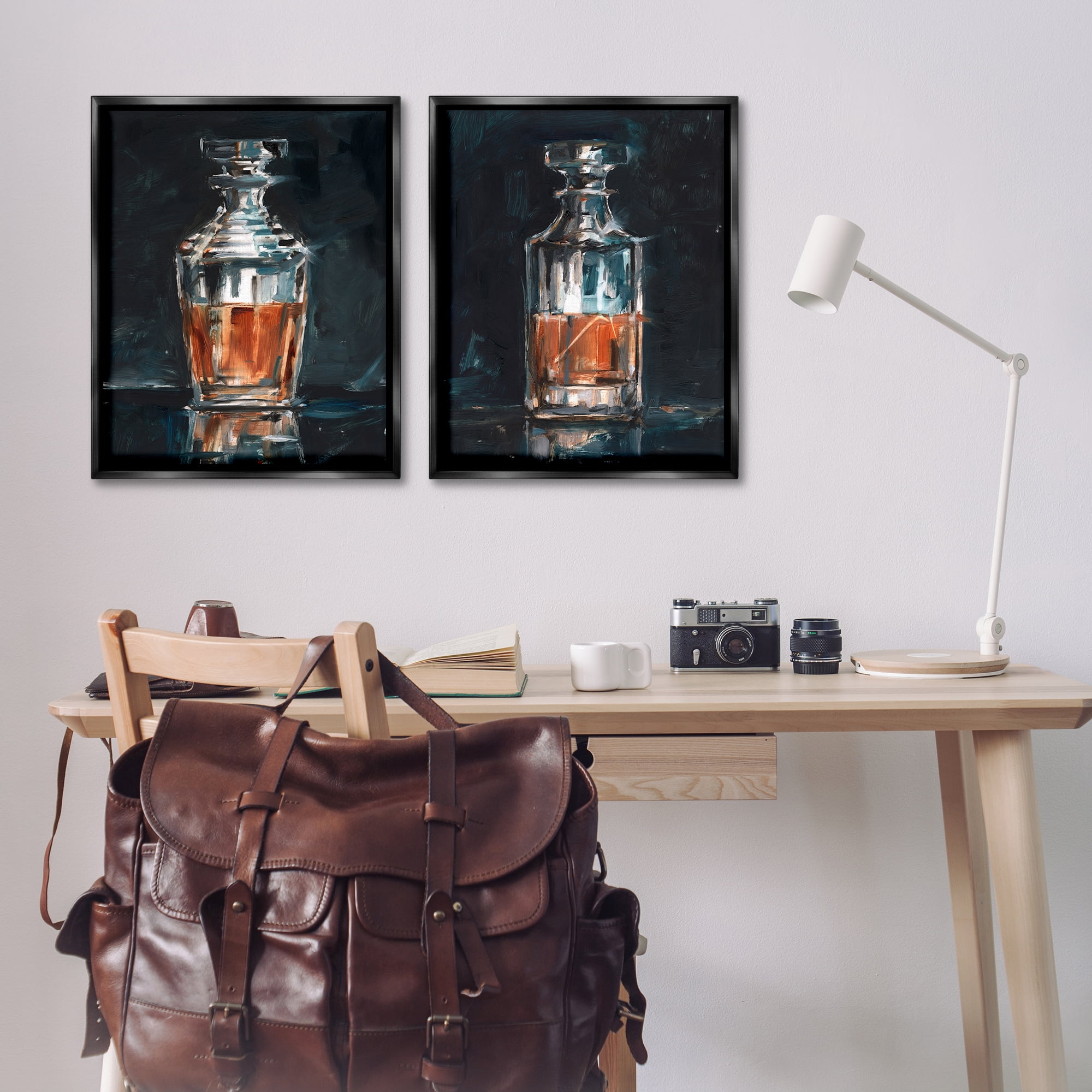 Stupell Industries Abstract Whiskey Decanters Food & Beverage Painting Black Floater Framed Canvas Art Print Wall Art, 31 x 25, Set of 2
