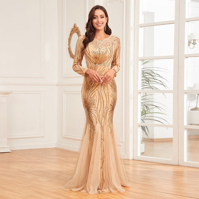 Lucyinlove-Vestidos de Noche de tul con lentejuelas para mujer, vestidos elegantes de manga larga, sirena de lujo, vestido Formal de dama de honor para fiesta de graduación, 2024