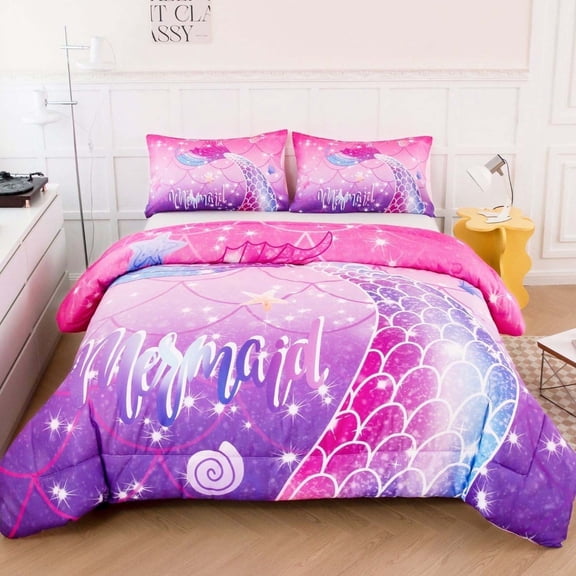 URBONUR 3 Pcs Mermaid Tail Twin Girls Comforter Set, Glitter Pink Purple Girl Bedding Sets for Teens, Glitter Rainbow Comforter for All Season