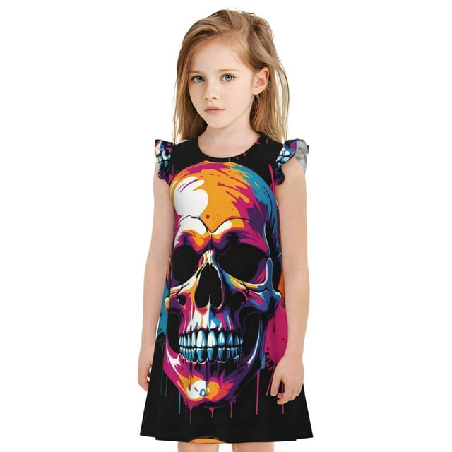 Vsdgher Chemises de Nuit Colorées Crâne pour Filles Manches Courtes à Volants Robe de Nuit Pyjama pour Fête Pyjama-TG
