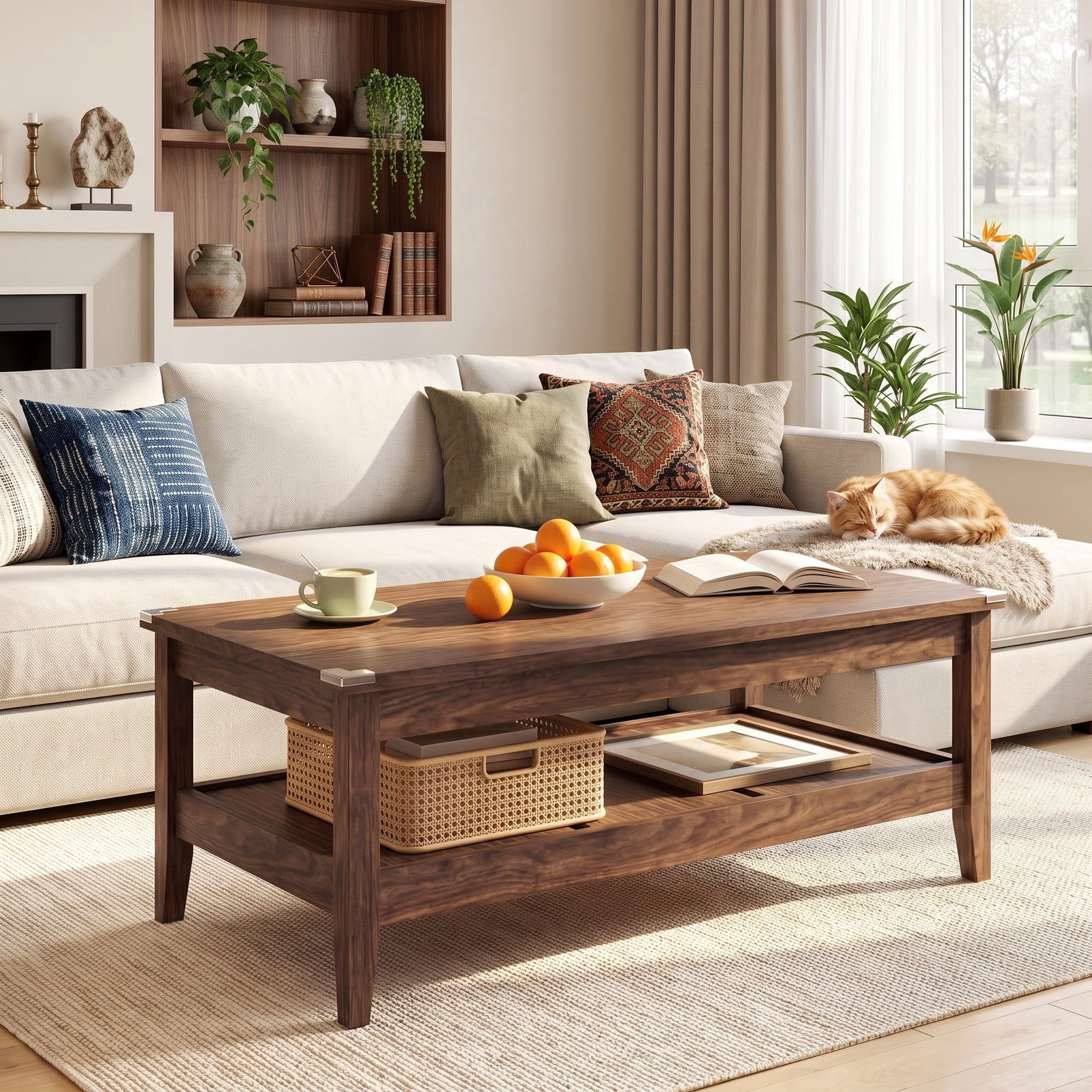 Furnibear Farmhouse Coffee Table, 2-Tier Rustic Cocktail Center Table with Thickened Tabletop and Open Storage Shelf for Living Room, Engineered Wood Rectangle, Walnut