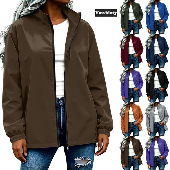 Vmvidoty Women's and Women's Plus Size Lightweight Jackets Hooded Windbreaker Women Portable Waterproof Raincoat Hiking Travel Jackets Brown L