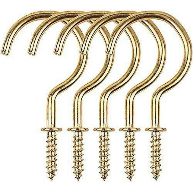 brillar ganchos de tornillo dorados, paquete de 30 — seis ganchos dorados niquelados en vista frontal con rosca en espiral y punta para madera, 45 mm de largo; acabado liso, curva para colgar plantas, tazas y luces; uso común en ferretería y hogar.
