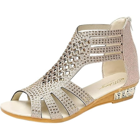 

XWQWJH Womens Sandals Comfortable Wedge Women s Rhinestone Flat Sandals Peep Toe Wrapped Gladiator Strappy Sandals