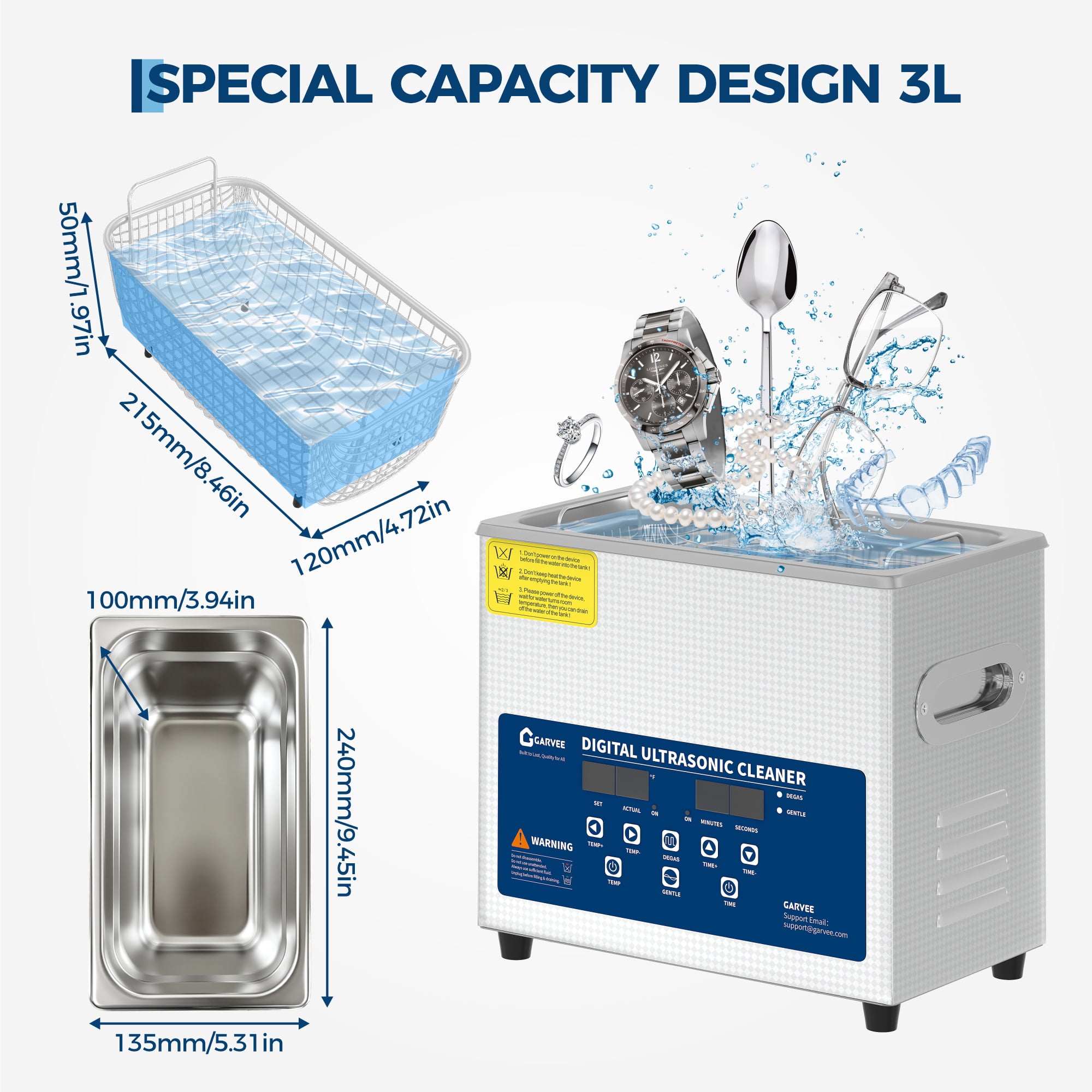 3L Digital Ultrasonic Cleaner with Timer, 40kHz 60W Commercial Stainless Steel Cleaning Machine with Transducers for Jewelry, Glasses, Eyeglass, Dentures