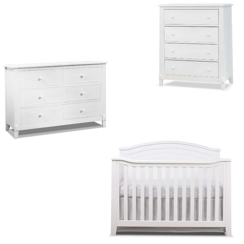 Baby Crib with 4 Drawer Chest and Double Dresser Set in White