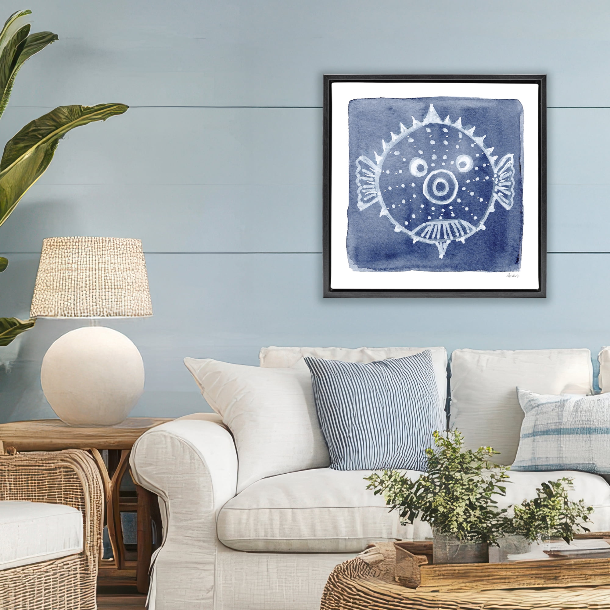 Stupell Industries White Blow Fish on Indigo Black Framed Floater Canvas Wall Art, design by Patti Bishop