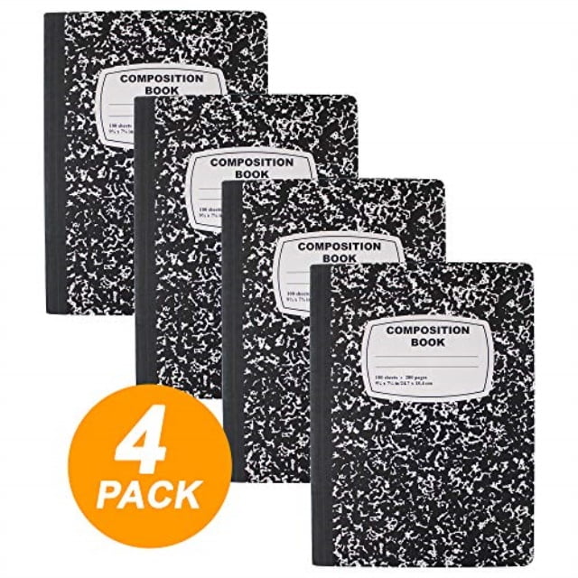 Emraw Black & White Marble Style Cover Composition Book with 100 Sheets of Wide Ruled White Paper (4 Pack)